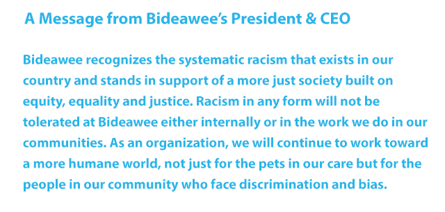 Bideawee recognizes the systematic racism in our country and stands in support of a more just society built on equity, equality, and justice. Racism in any form will not be tolerated at Bideawee. We will continue to work toward a more humane world, not just for the pets, but for the people in our community who face discrimination and bias.